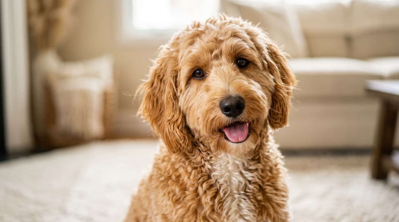 A happy Goldendoodle sitting at home